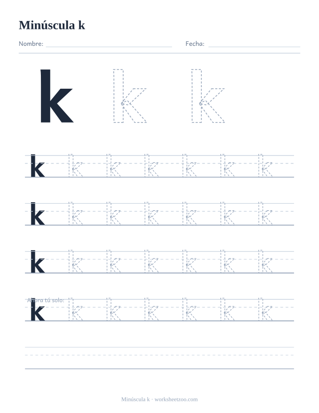 Ficha para trazar la letra k minúscula, con una k grande punteada y cuatro renglones completos de práctica