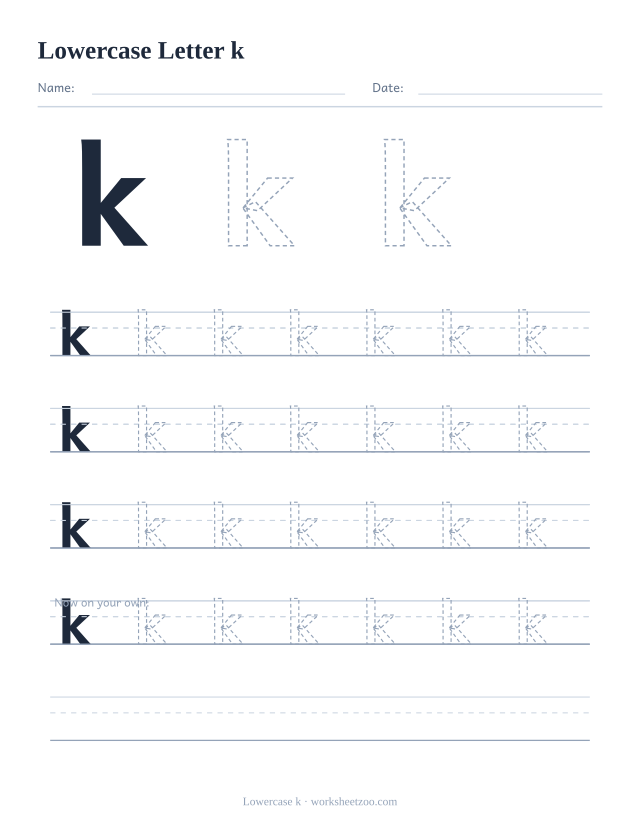 Lowercase letter k tracing worksheet, a big dashed small k with four full rows of handwriting practice