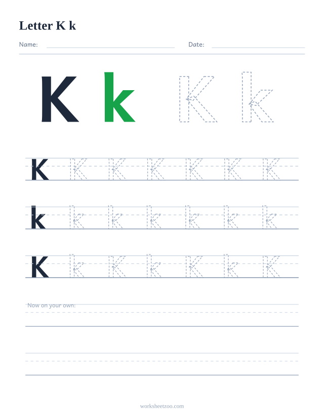 Letter K tracing worksheet — uppercase and lowercase practice with dashed letters