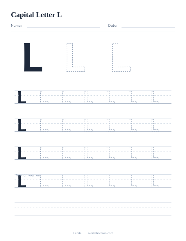 Capital letter L tracing worksheet, a big dashed uppercase L with four full rows of handwriting practice