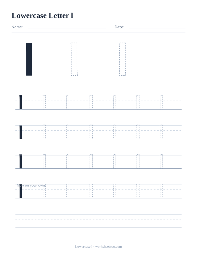 Lowercase letter l tracing worksheet, a big dashed small l with four full rows of handwriting practice