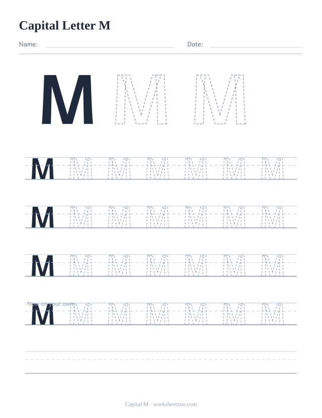 Capital letter M tracing worksheet, a big dashed uppercase M with four full rows of handwriting practice