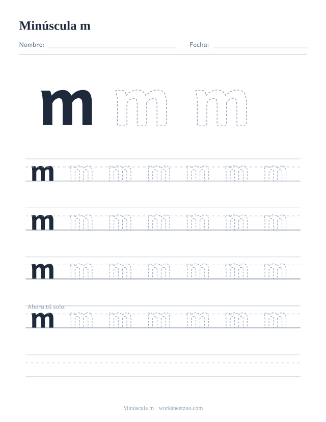 Ficha para trazar la letra m minúscula, con una m grande punteada y cuatro renglones completos de práctica