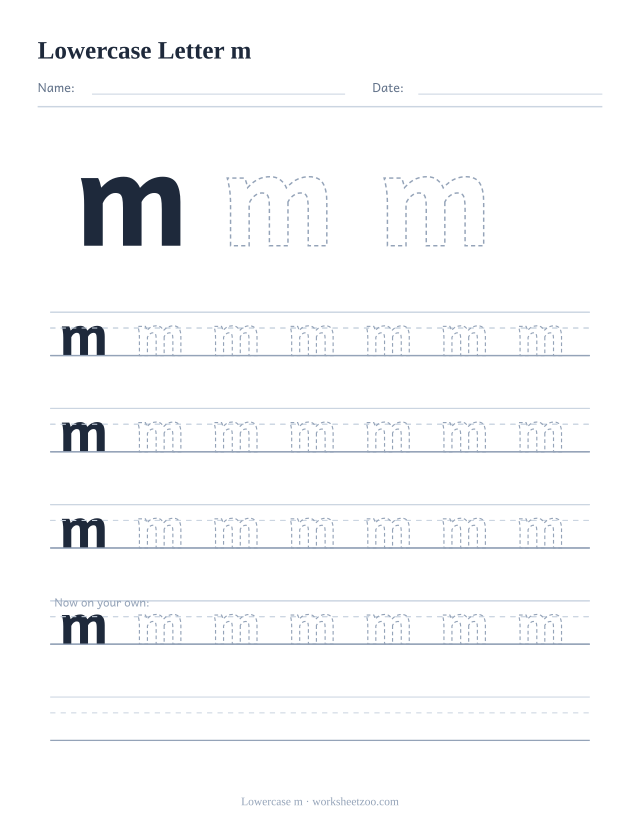 Lowercase letter m tracing worksheet, a big dashed small m with four full rows of handwriting practice