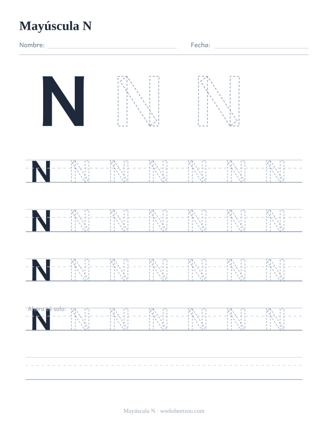 Ficha para trazar la letra N mayúscula, con una N grande punteada y cuatro renglones completos de práctica