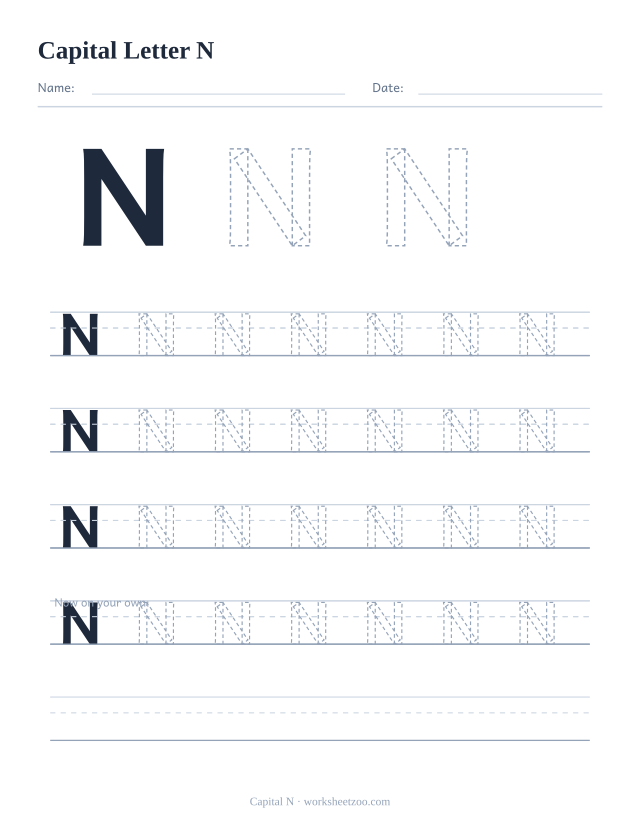 Capital letter N tracing worksheet, a big dashed uppercase N with four full rows of handwriting practice