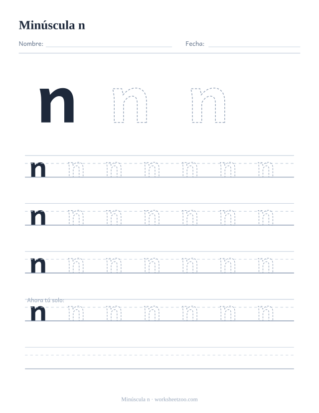 Ficha para trazar la letra n minúscula, con una n grande punteada y cuatro renglones completos de práctica