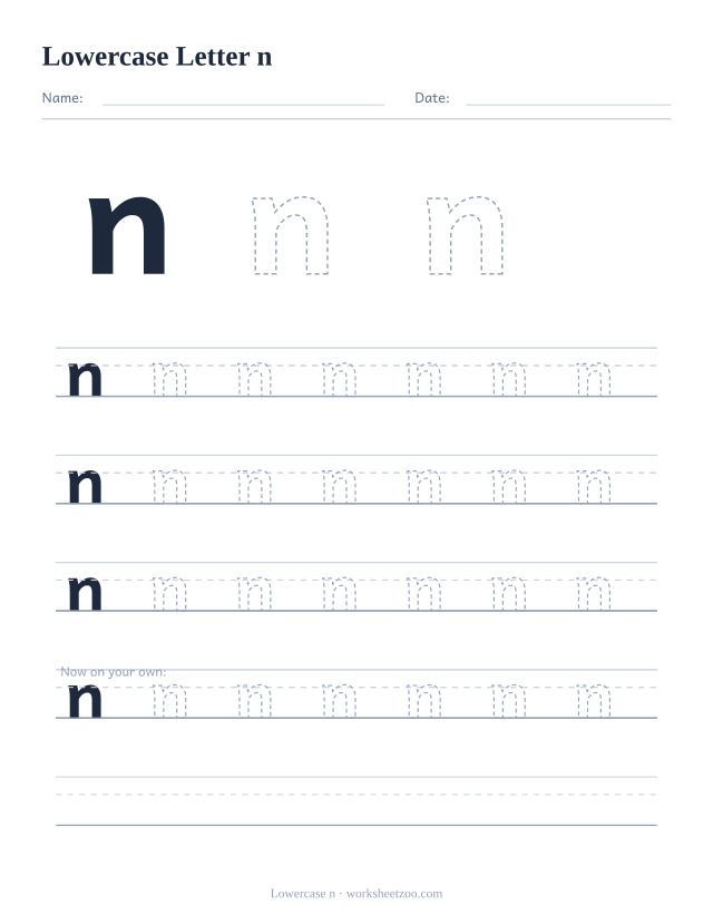 Lowercase letter n tracing worksheet, a big dashed small n with four full rows of handwriting practice