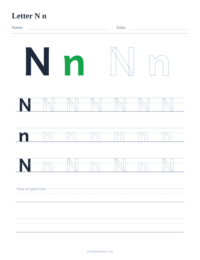 Letter N tracing worksheet — uppercase and lowercase practice with dashed letters