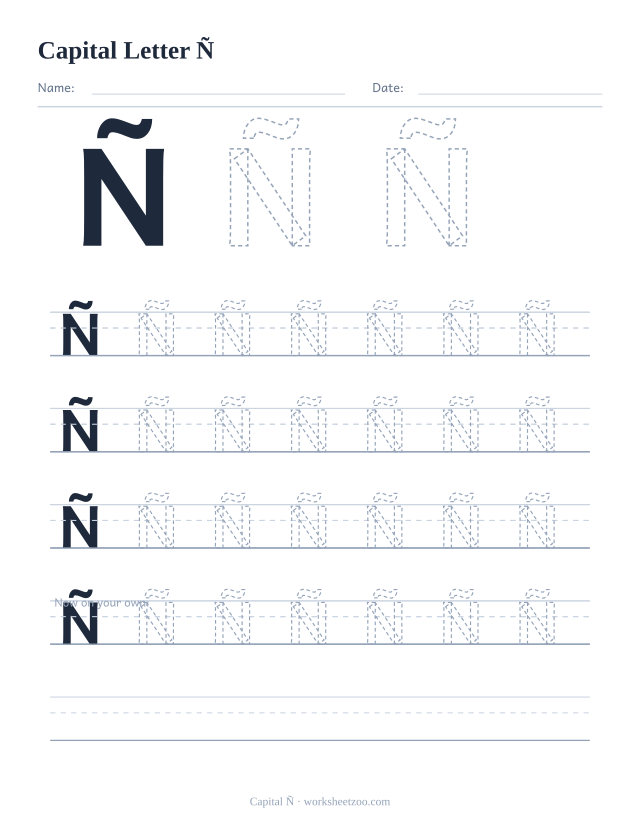 Capital Ñ tracing worksheet, the uppercase Spanish enye with four full rows of handwriting practice