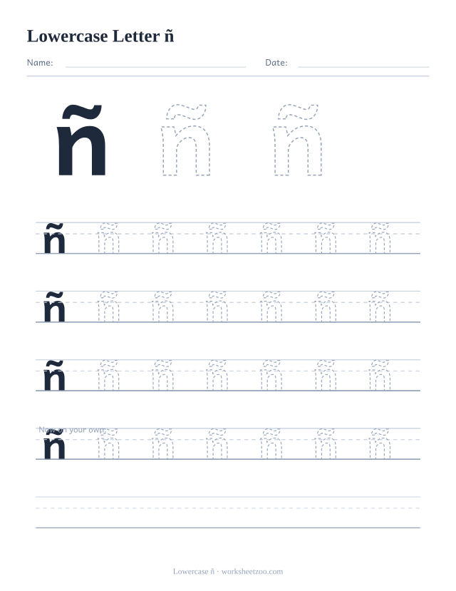 Lowercase ñ tracing worksheet, the small Spanish enye with four full rows of handwriting practice
