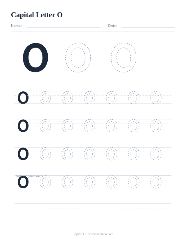 Capital letter O tracing worksheet, a big dashed uppercase O with four full rows of handwriting practice