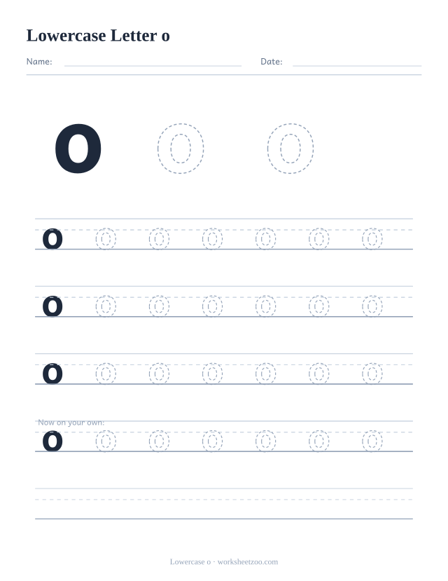 Lowercase letter o tracing worksheet, a big dashed small o with four full rows of handwriting practice