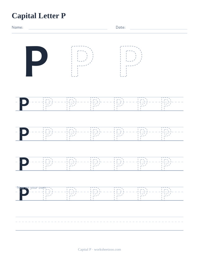 Capital letter P tracing worksheet, a big dashed uppercase P with four full rows of handwriting practice