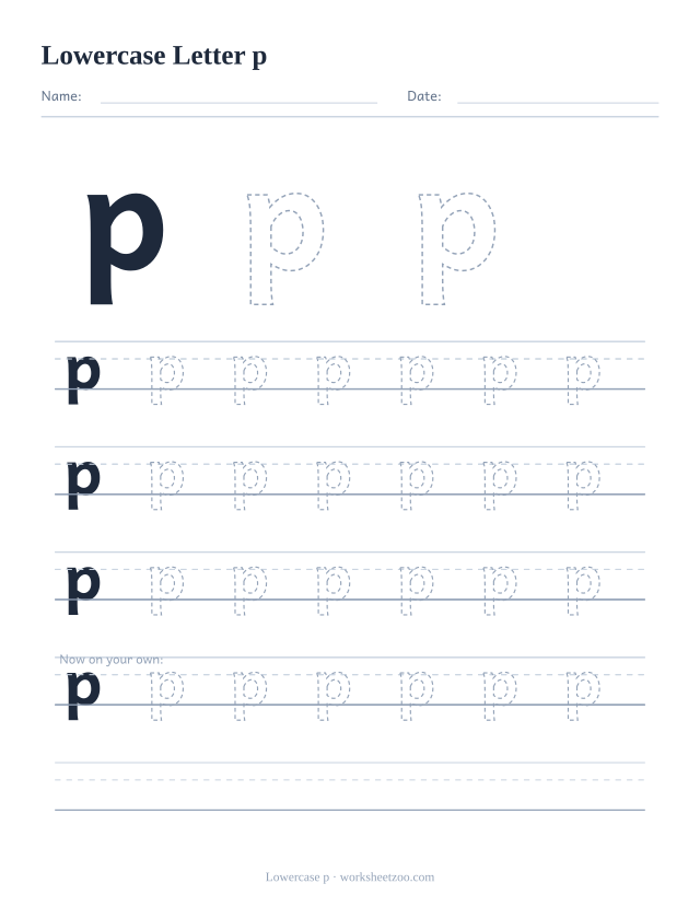 Lowercase letter p tracing worksheet, a big dashed small p with four full rows of handwriting practice