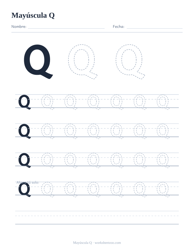 Ficha para trazar la letra Q mayúscula, con una Q grande punteada y cuatro renglones completos de práctica