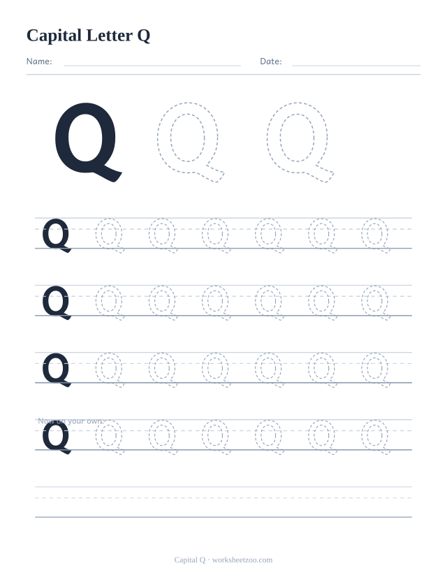 Capital letter Q tracing worksheet, a big dashed uppercase Q with four full rows of handwriting practice
