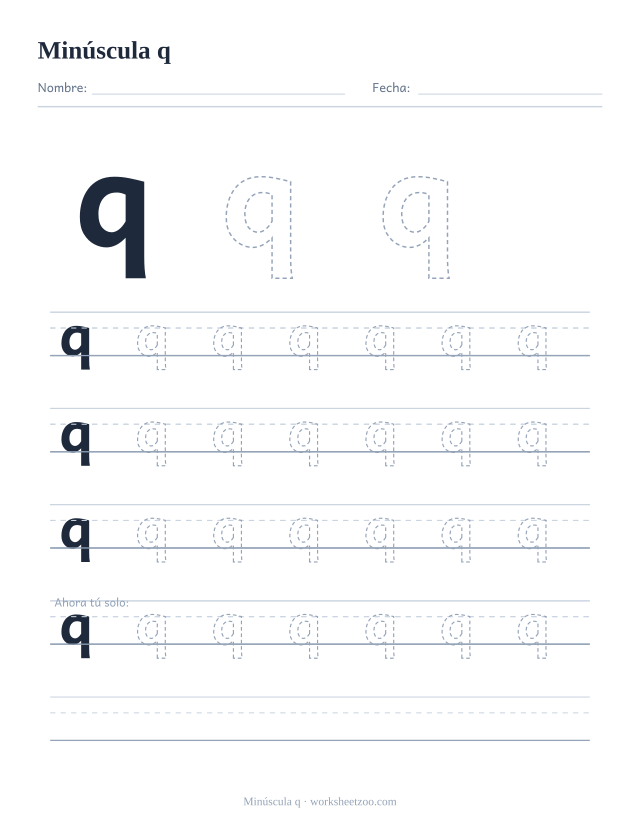 Ficha para trazar la letra q minúscula, con una q grande punteada y cuatro renglones completos de práctica
