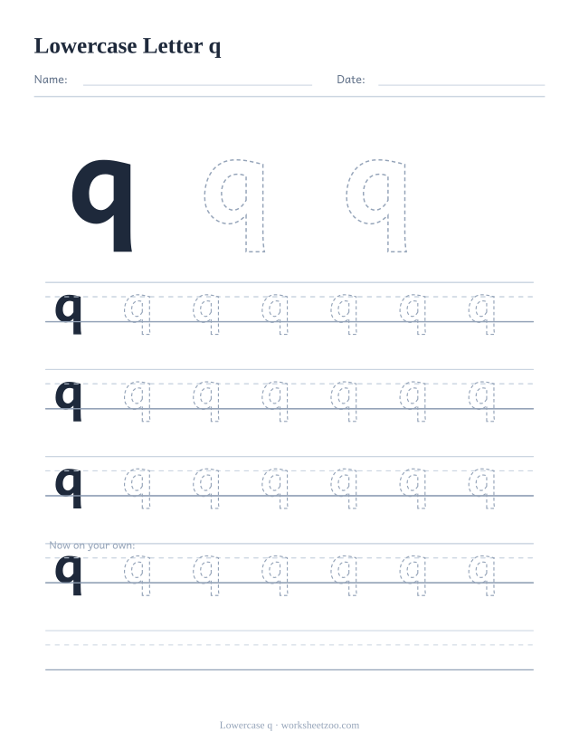 Lowercase letter q tracing worksheet, a big dashed small q with four full rows of handwriting practice