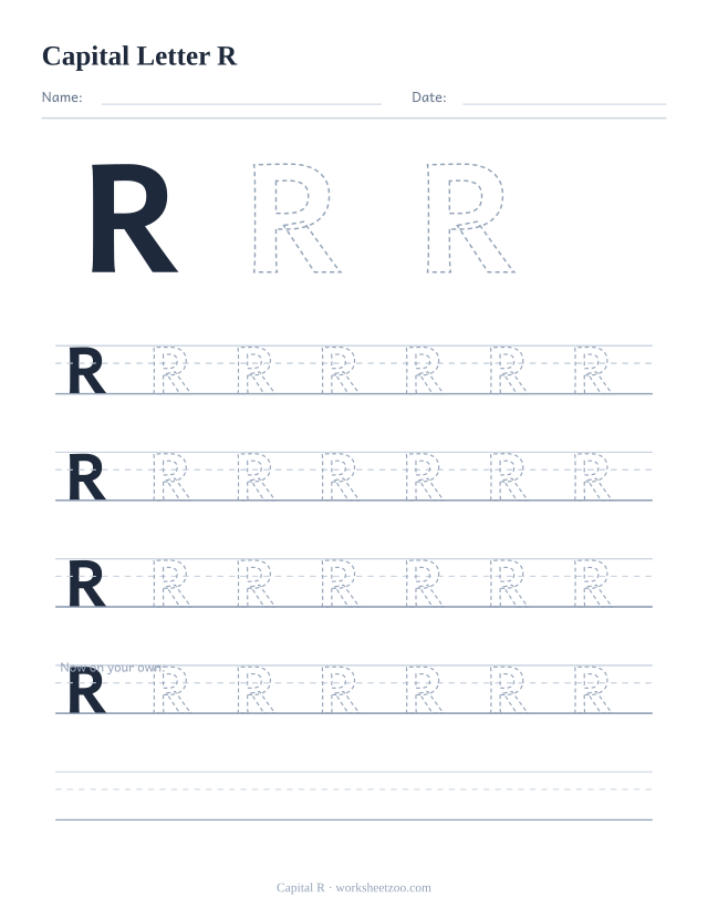 Capital letter R tracing worksheet, a big dashed uppercase R with four full rows of handwriting practice