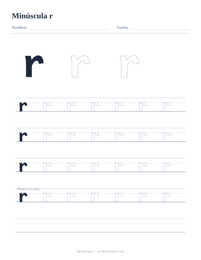 Ficha para trazar la letra r minúscula, con una r grande punteada y cuatro renglones completos de práctica
