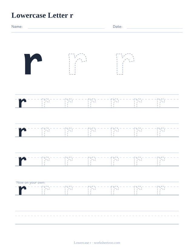 Lowercase letter r tracing worksheet, a big dashed small r with four full rows of handwriting practice