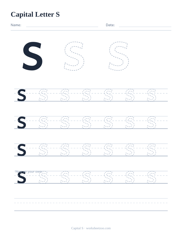 Capital letter S tracing worksheet, a big dashed uppercase S with four full rows of handwriting practice