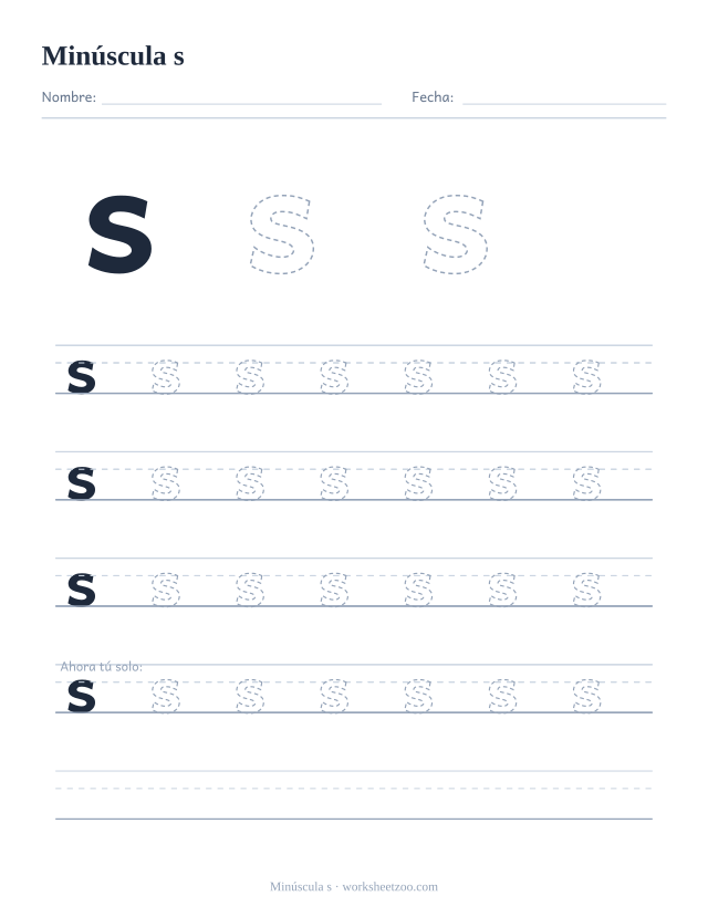 Ficha para trazar la letra s minúscula, con una s grande punteada y cuatro renglones completos de práctica
