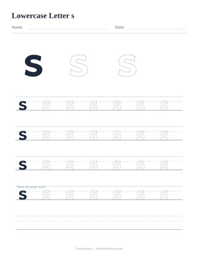 Lowercase letter s tracing worksheet, a big dashed small s with four full rows of handwriting practice