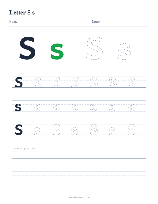 Letter S tracing worksheet — uppercase and lowercase practice with dashed letters