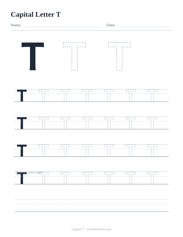 Capital letter T tracing worksheet, a big dashed uppercase T with four full rows of handwriting practice