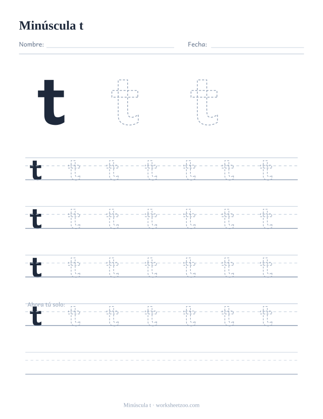 Ficha para trazar la letra t minúscula, con una t grande punteada y cuatro renglones completos de práctica