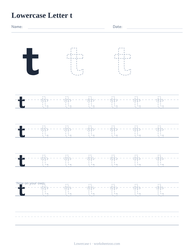 Lowercase letter t tracing worksheet, a big dashed small t with four full rows of handwriting practice