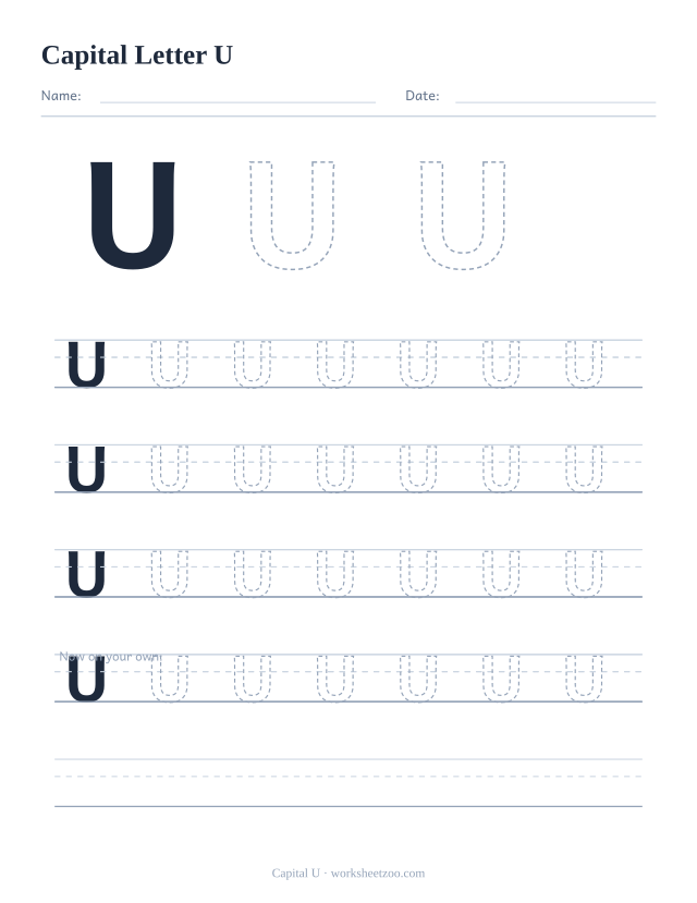 Capital letter U tracing worksheet, a big dashed uppercase U with four full rows of handwriting practice