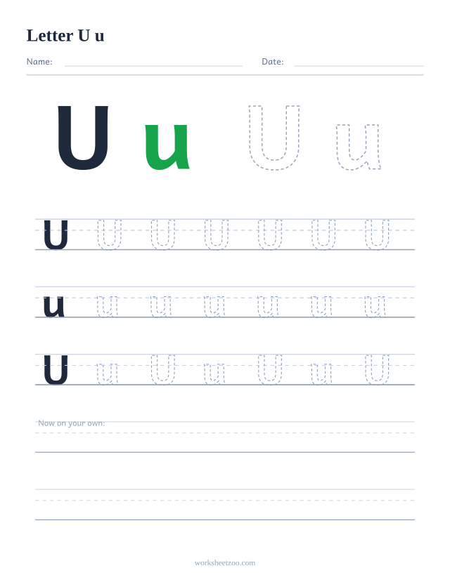 Letter U tracing worksheet — uppercase and lowercase practice with dashed letters