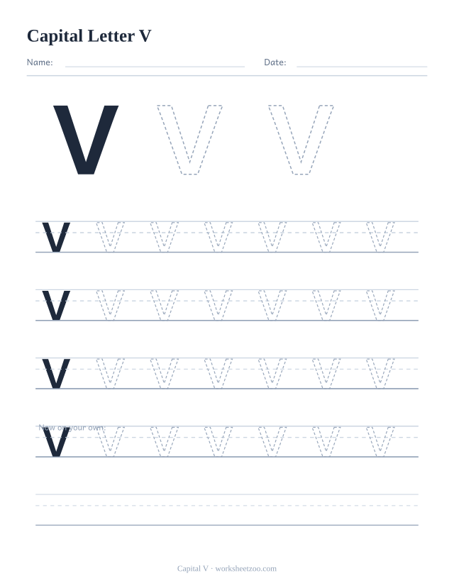 Capital letter V tracing worksheet, a big dashed uppercase V with four full rows of handwriting practice