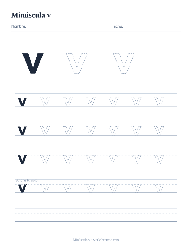 Ficha para trazar la letra v minúscula, con una v grande punteada y cuatro renglones completos de práctica