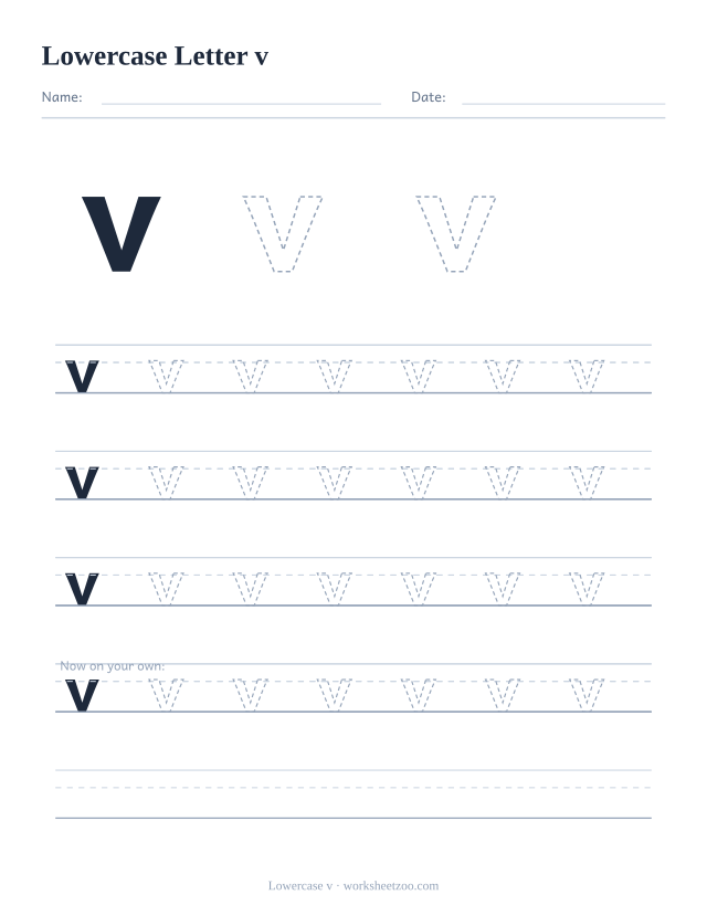 Lowercase letter v tracing worksheet, a big dashed small v with four full rows of handwriting practice