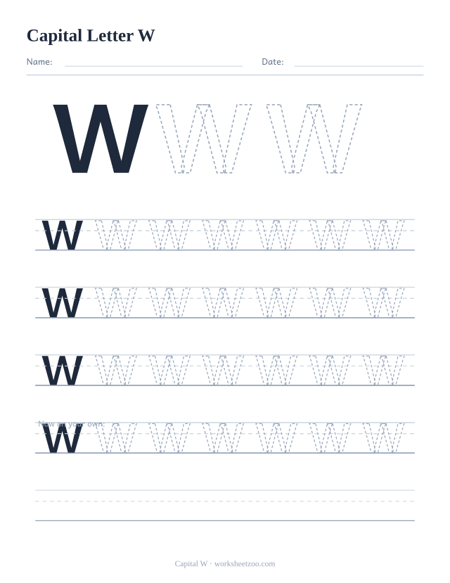 Capital letter W tracing worksheet, a big dashed uppercase W with four full rows of handwriting practice
