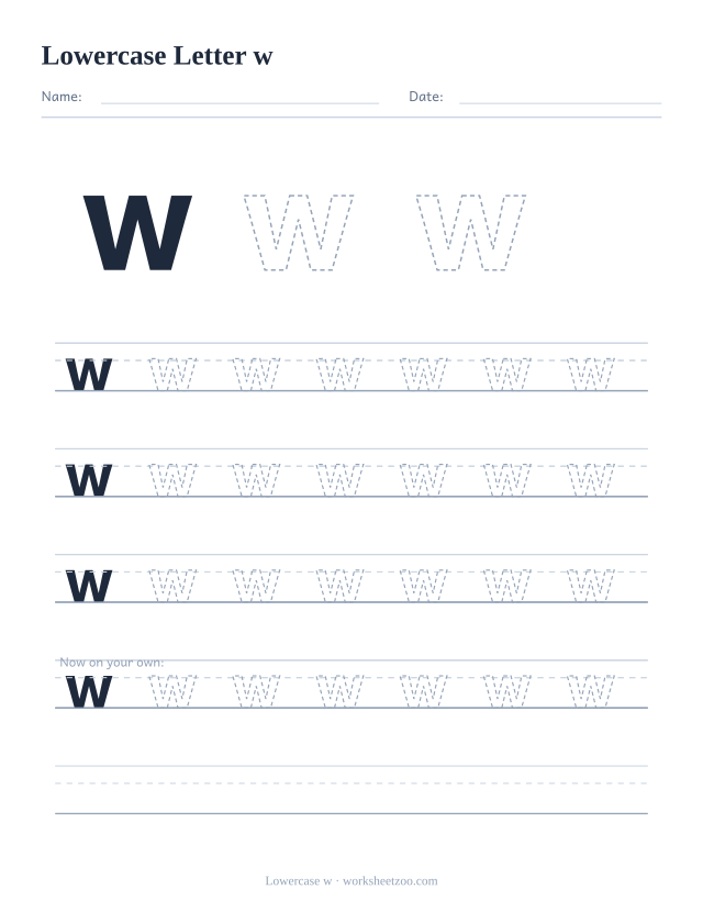 Lowercase letter w tracing worksheet, a big dashed small w with four full rows of handwriting practice