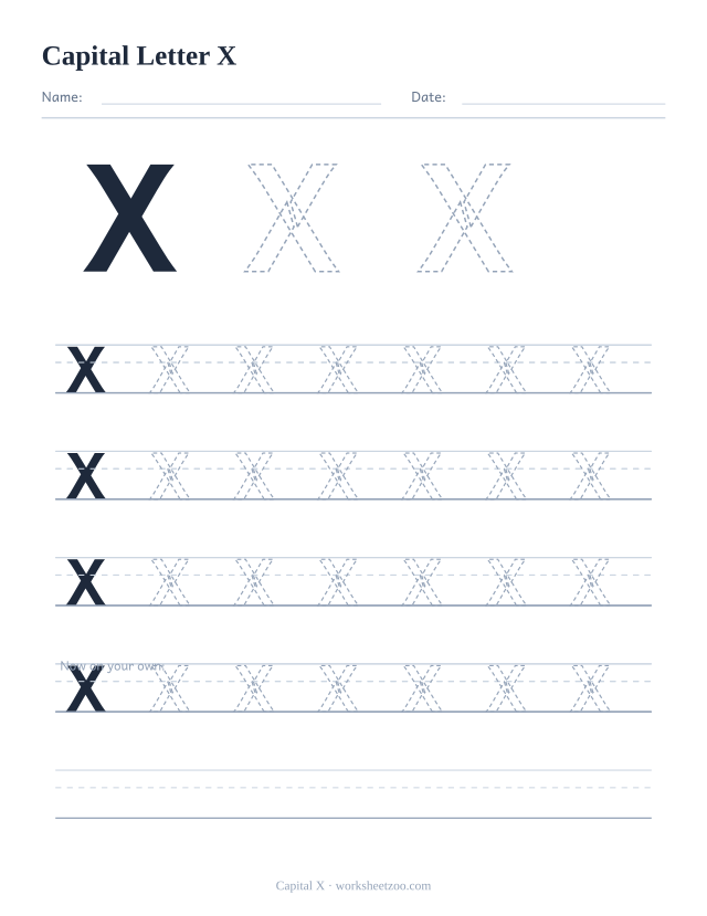 Capital letter X tracing worksheet, a big dashed uppercase X with four full rows of handwriting practice