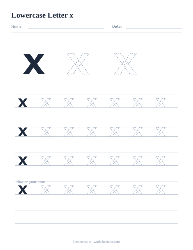 Lowercase letter x tracing worksheet, a big dashed small x with four full rows of handwriting practice