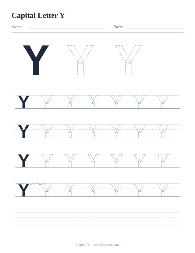 Capital letter Y tracing worksheet, a big dashed uppercase Y with four full rows of handwriting practice