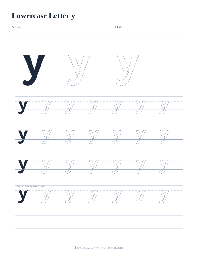 Lowercase letter y tracing worksheet, a big dashed small y with four full rows of handwriting practice