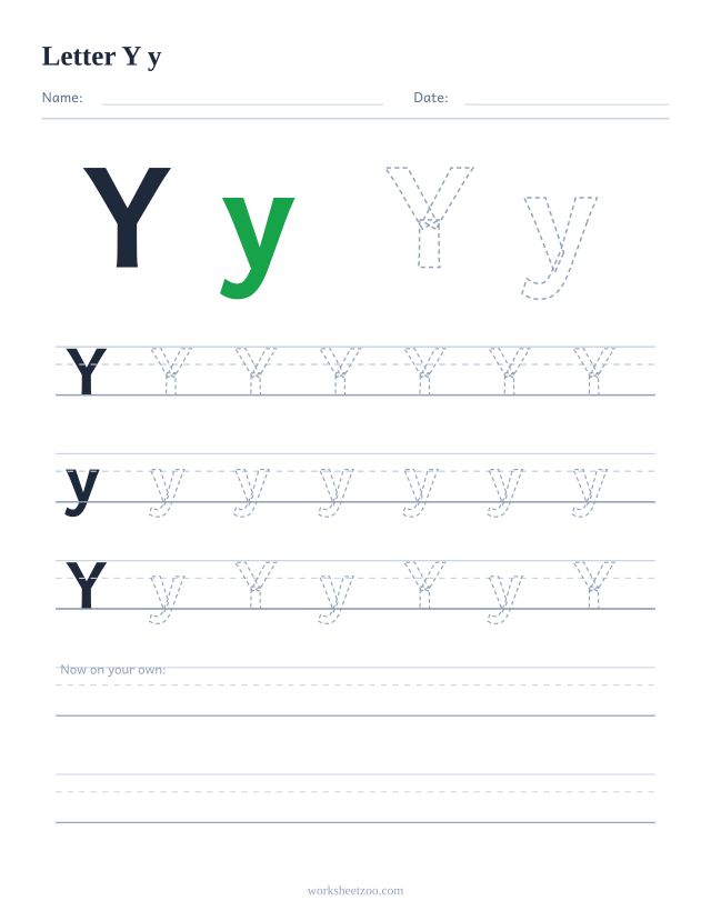 Letter Y tracing worksheet — uppercase and lowercase practice with dashed letters