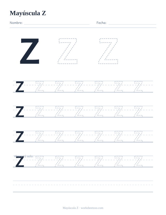 Ficha para trazar la letra Z mayúscula, con una Z grande punteada y cuatro renglones completos de práctica