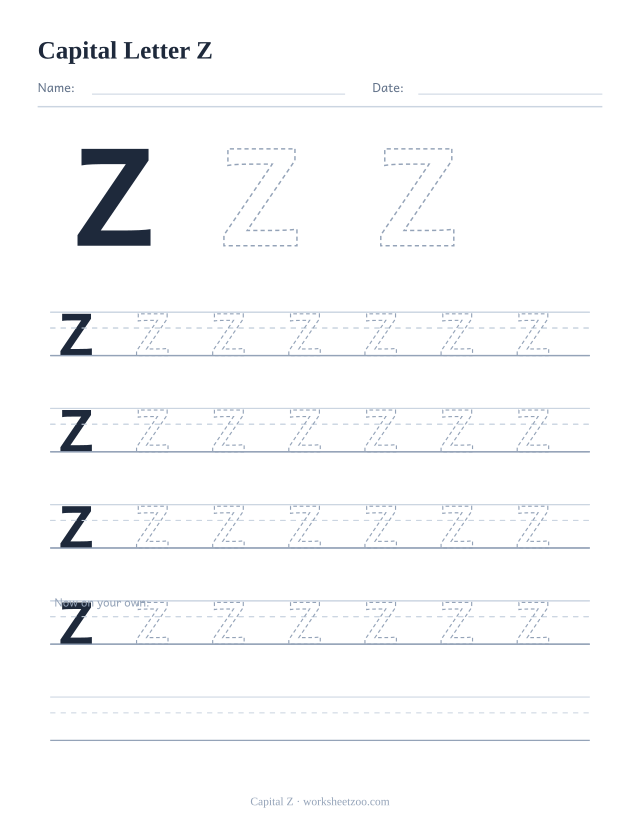 Capital letter Z tracing worksheet, a big dashed uppercase Z with four full rows of handwriting practice