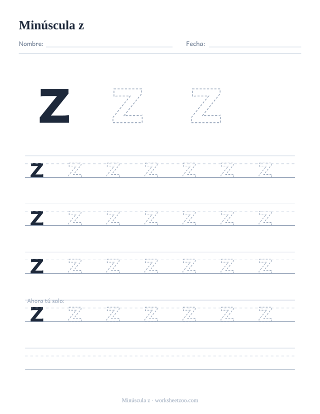 Ficha para trazar la letra z minúscula, con una z grande punteada y cuatro renglones completos de práctica