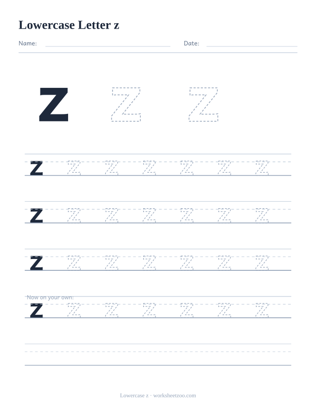 Lowercase letter z tracing worksheet, a big dashed small z with four full rows of handwriting practice