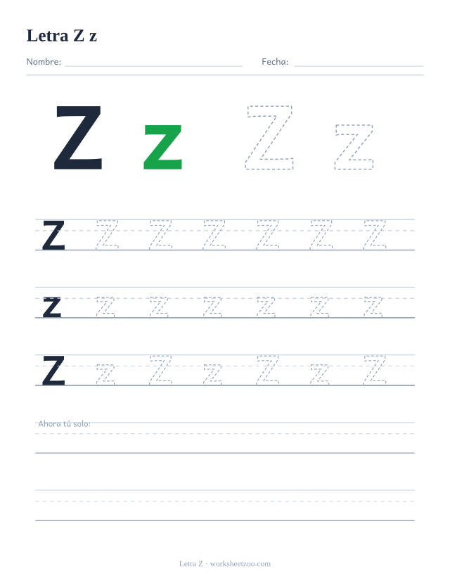 Ficha para trazar la letra Z, práctica de mayúscula y minúscula con trazos punteados